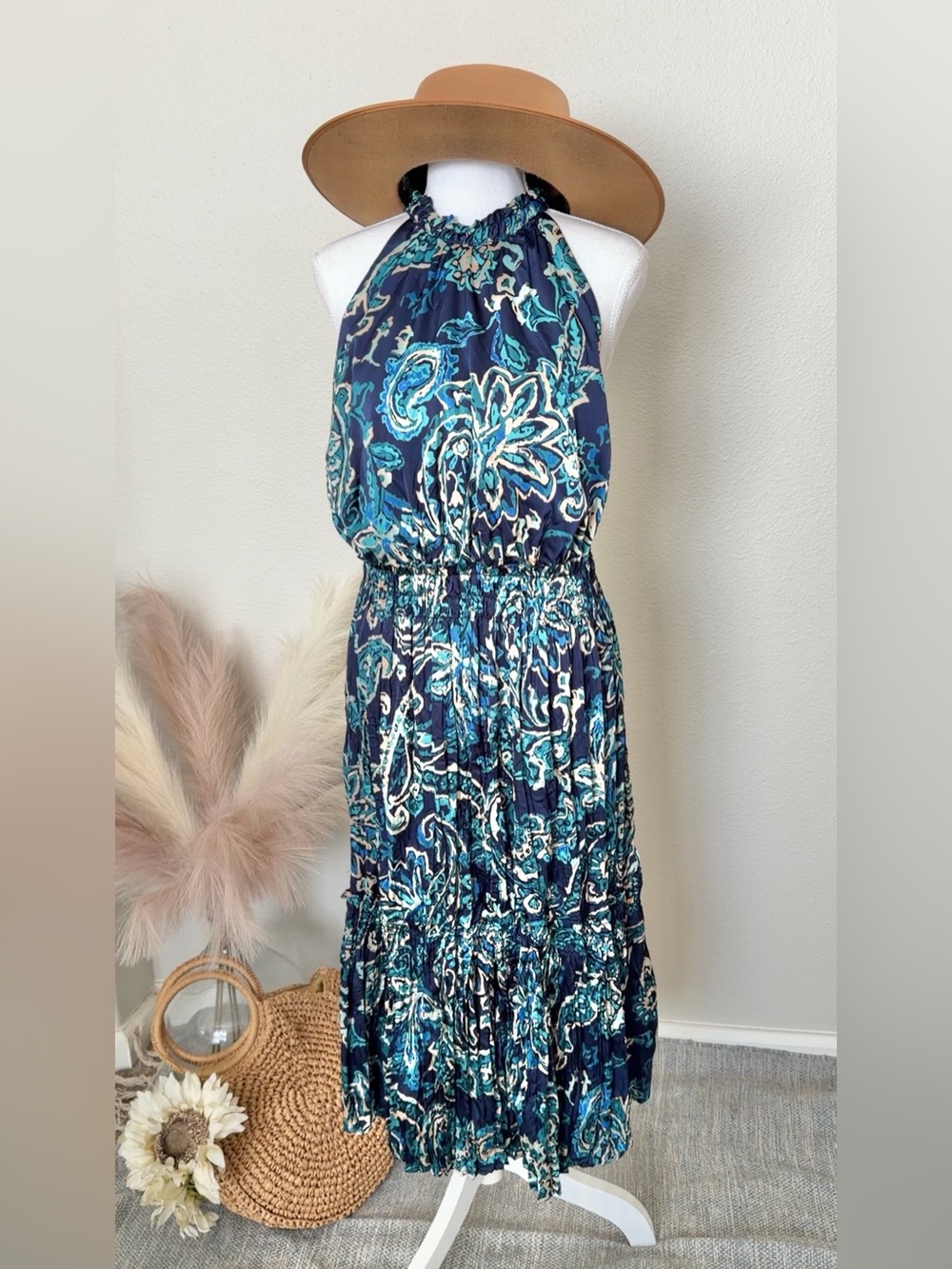 Navy Paisley Print Halter Vacation Dress